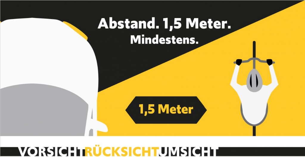Das Bild zeigt den Mindestabstand von 1,50 m, den Autofahrer*innen zu Radfahrer*innen einhalten müssen. Bild: Landesverkehrsministerium 