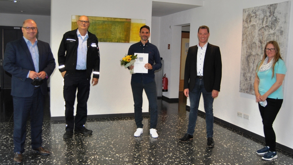  V.l.n.r: BGM J. Geiß, M. Fischer, Th. Lorenz, J. Volpp, C. Brix (Personalamt). Foto: Gemeinde