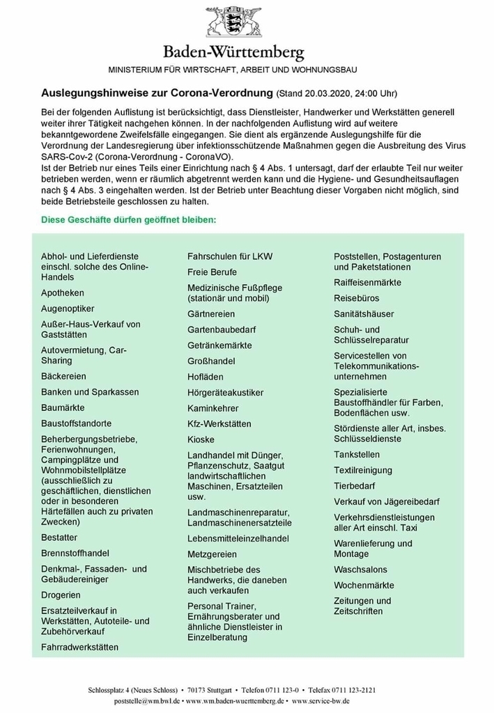 Auslegungshinweis zur Corona Verordnung Seite 1