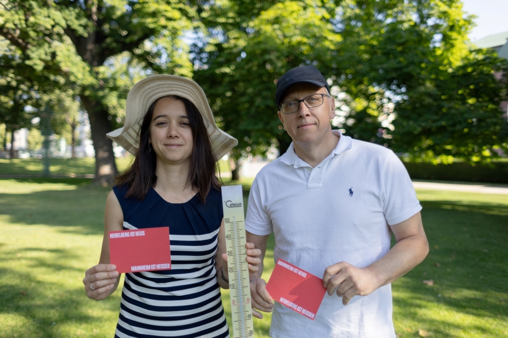 Wo ist der Sommer im Rhein-Neckar-Raum am heißesten? Machen Sie bei unserer gemeinsamen Aktion mit! Marianne Crevon, Klimaagentur Mannheim und Dr. Klaus Keßler, KiBA. Bildnachweis: Klimaagentur Mannheim